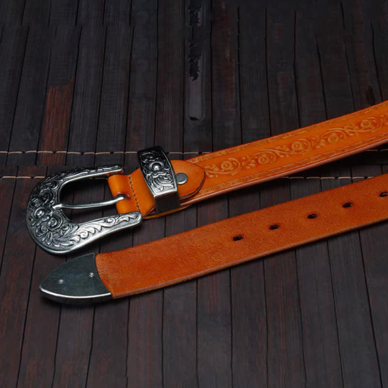 Cinturón unisex de piel con estampado de flores y textura rústica