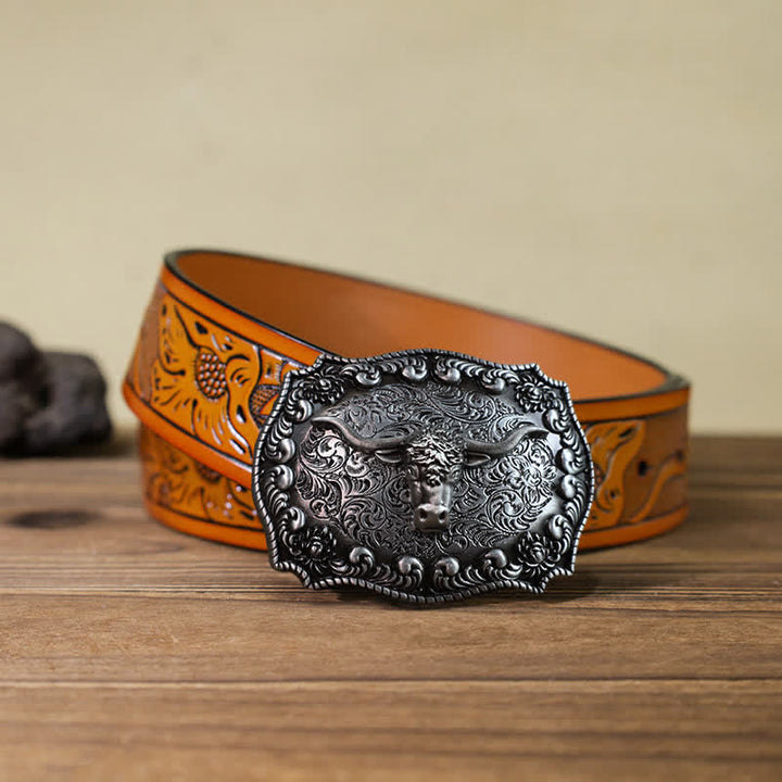 Cinturón de cuero con hebilla plateada envejecida con diseño de toro Longhorn para hombre