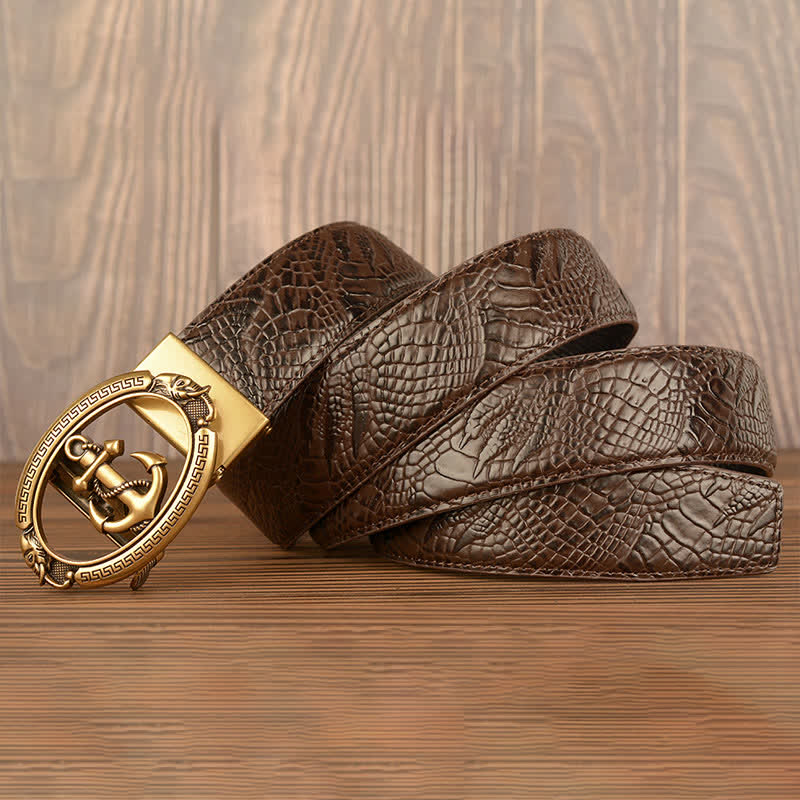 Cinturón de piel con estampado de cocodrilo y ancla náutica para hombre