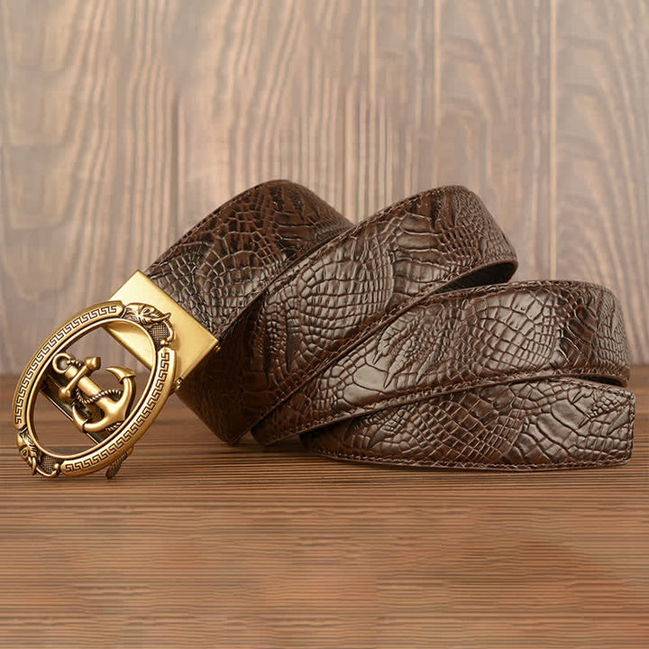 Cinturón de piel con estampado de cocodrilo y ancla náutica para hombre