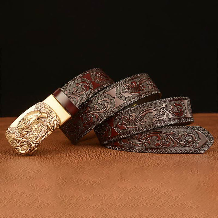Cinturón de cuero genuino con relieve y hebilla de águila para hombre