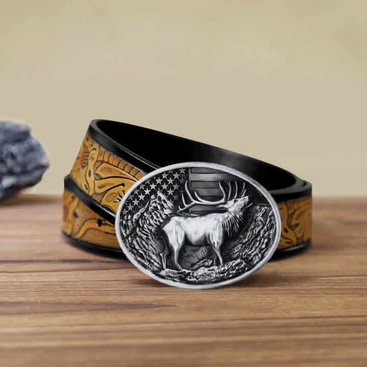 Cinturón de cuero con hebilla de bandera estadounidense con diseño de alce y ciervo para hombre