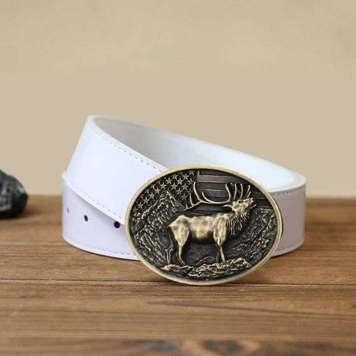 Cinturón de cuero con hebilla de bandera estadounidense con diseño de alce y ciervo para hombre