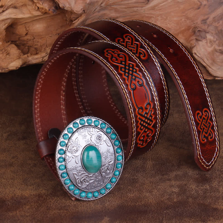 Cinturón unisex de piel de ágata de jade y turquesa rosa tallada