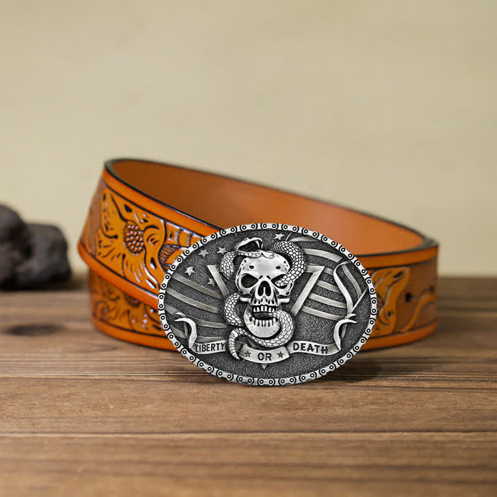 Cinturón de cuero con hebilla de calavera de serpiente "Libertad o muerte" para hombre, hecho a mano