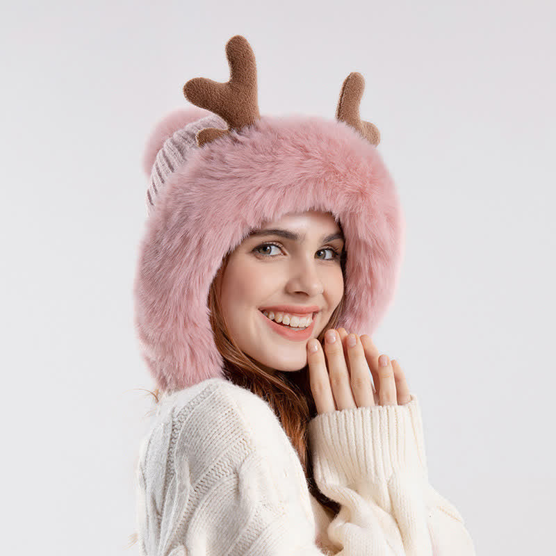 Gorro de punto con pompón de cuerno de ciervo para mujer