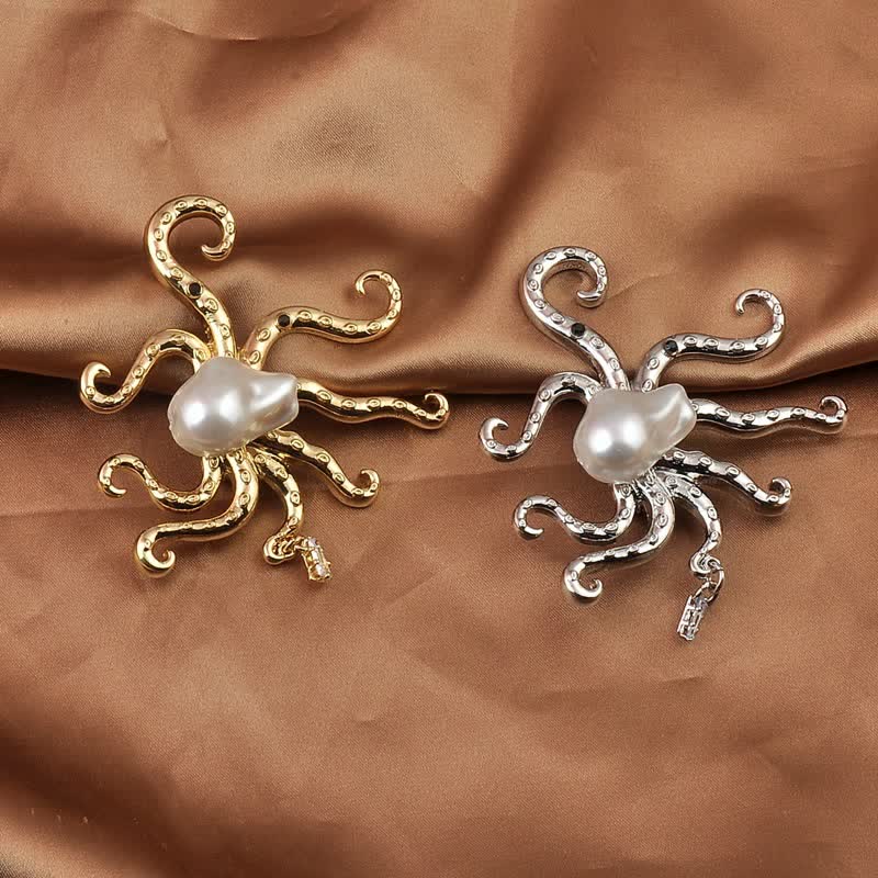 Broche unisex con perla grande en forma de pulpo tropical