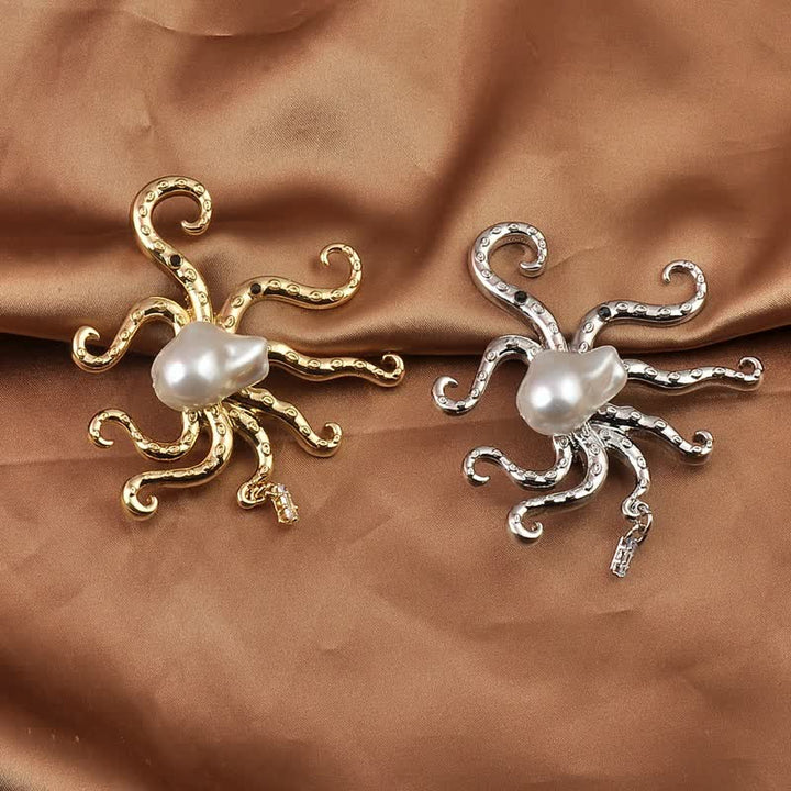 Broche unisex con perla grande en forma de pulpo tropical