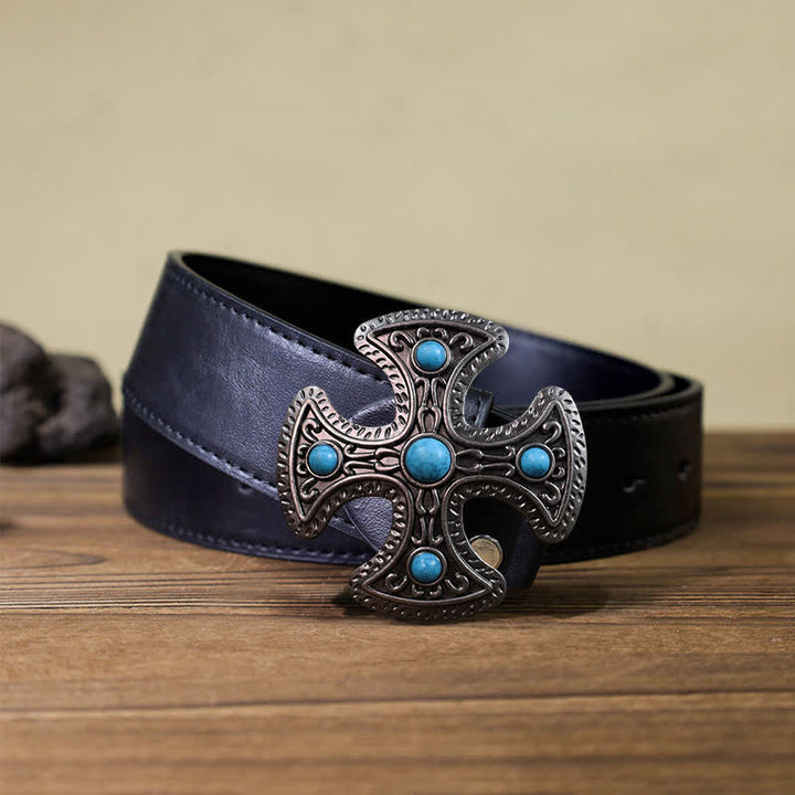 Cinturón de cuero con hebilla de cruz de piedra turquesa retro para hombre hecho a mano