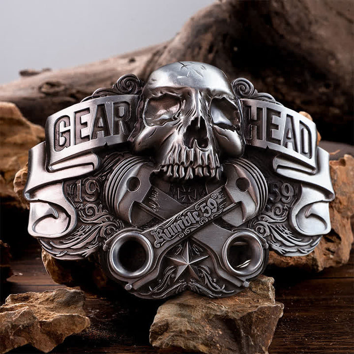 Cinturón de cuero con hebilla de calavera de pistón para hombre, hecho a mano con Gear Head