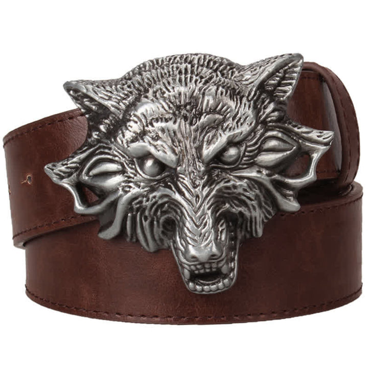 Cinturón de cuero con grabado de animales y cabeza de lobo feroz para hombre