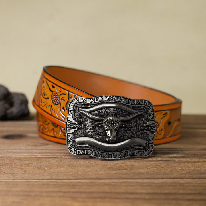 Cinturón de cuero con hebilla cuadrada de toro Longhorn para hombre, hecho a mano, en plata