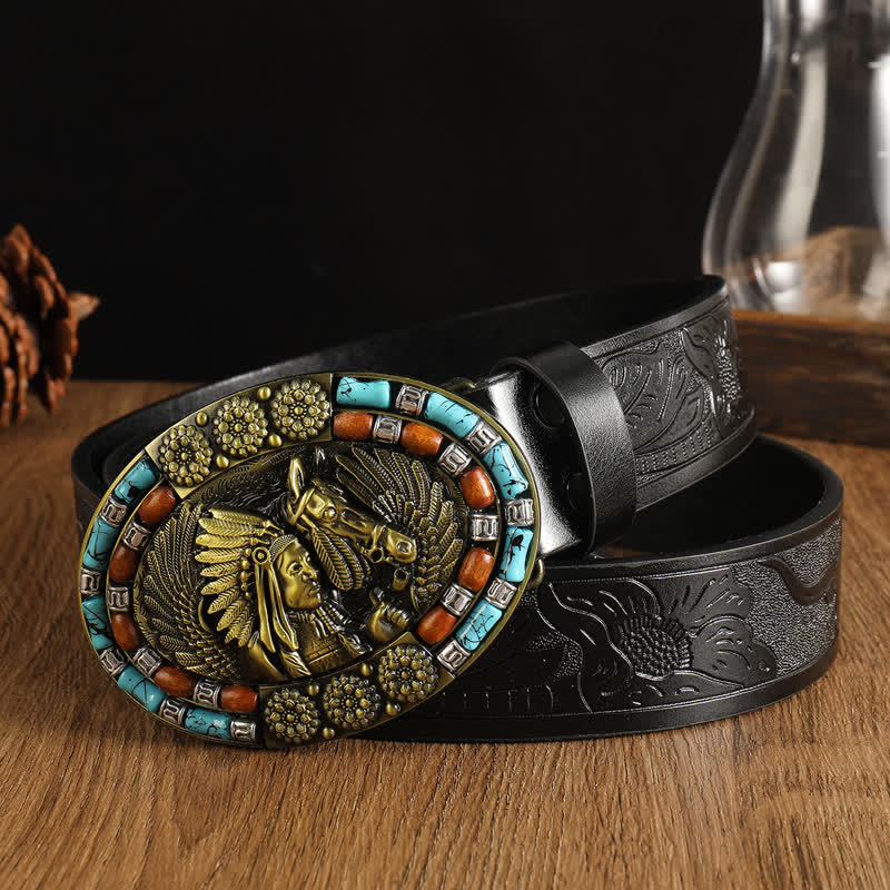 Cinturón de cuero turquesa con diseño bohemio indio para hombre