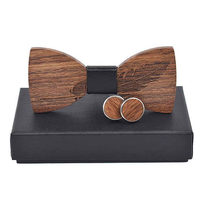 Juego de 2 pajaritas de madera con grabado de plumas para hombre