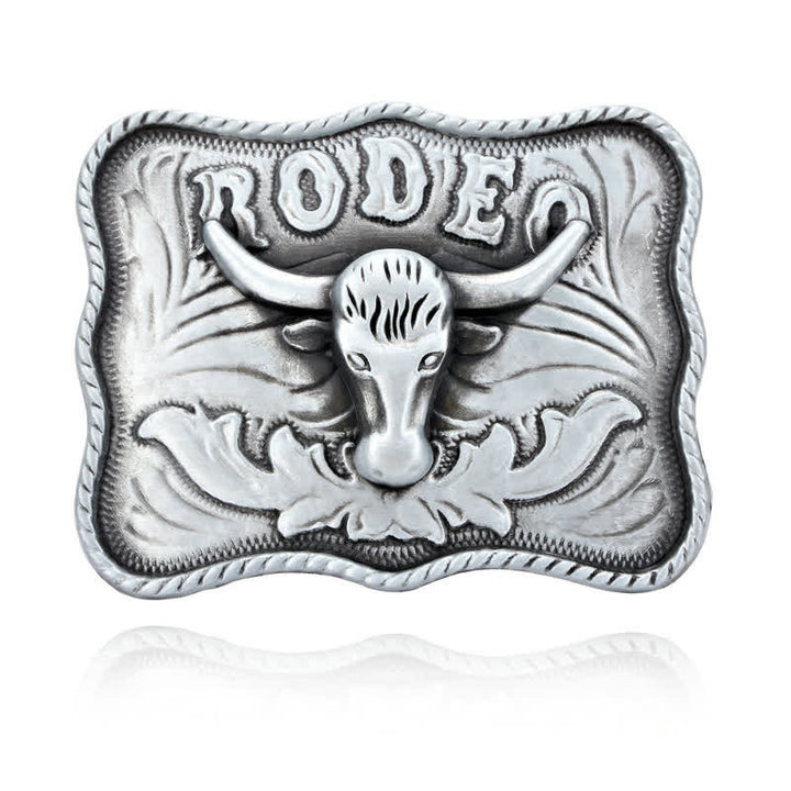 Cinturón de cuero con hebilla de rodeo de toro Longhorn plateado para hombre, hecho a mano