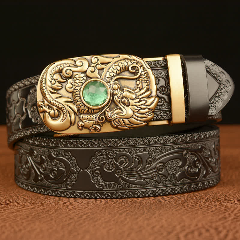 Cinturón de cuero con piedras preciosas y dragón grabado para hombre