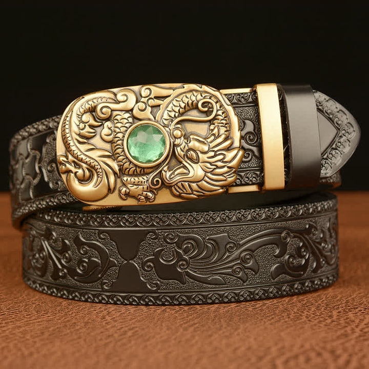 Cinturón de cuero con piedras preciosas y dragón grabado para hombre