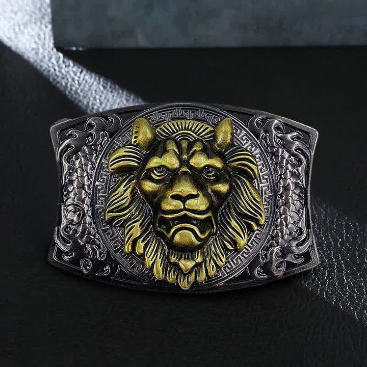 Cinturón de cuero con cuchillo plegable oculto de león dorado para hombre