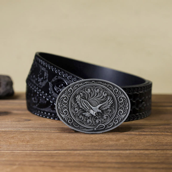 Cinturón de cuero con hebilla floral grabada con águila voladora para hombre hecho a mano