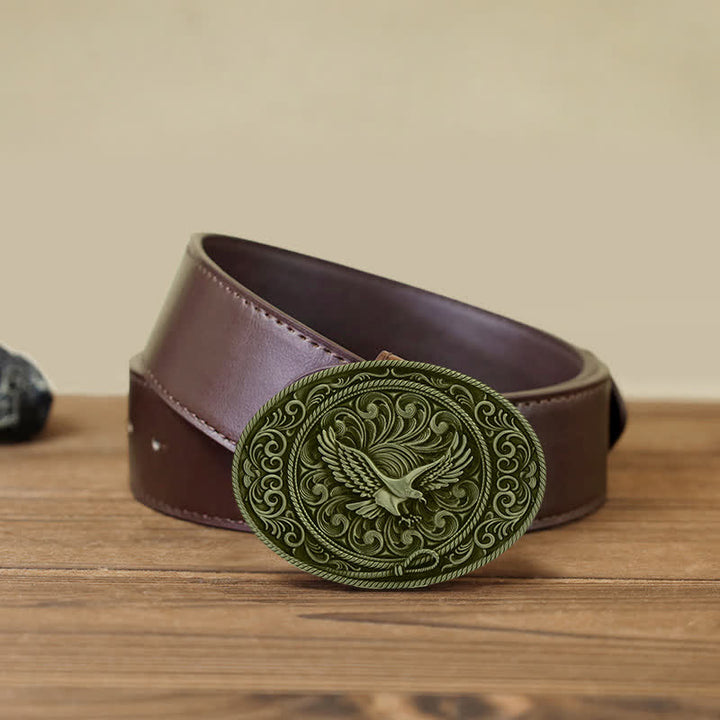 Cinturón de cuero con hebilla floral grabada con águila voladora para hombre hecho a mano