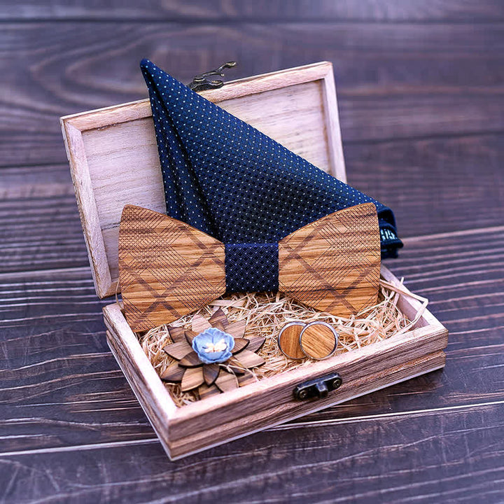 Juego de 4 pajaritas clásicas de madera a cuadros para hombre