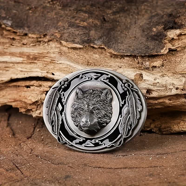 Cinturón de cuero con hebilla de cabeza de lobo vívida para hombre, hecho a mano