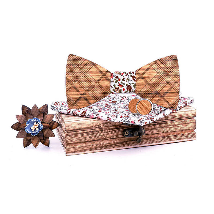 Juego de 4 pajaritas clásicas de madera a cuadros para hombre