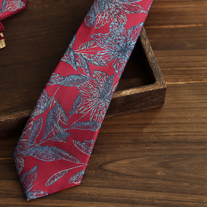 Corbata floral botánica para hombre en rojo y azul aciano
