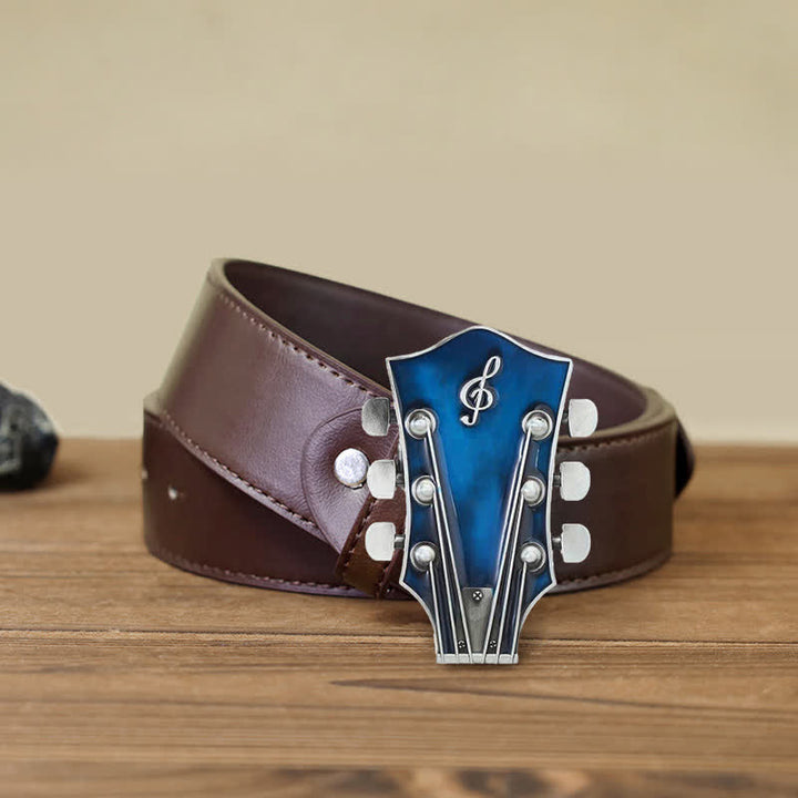 Cinturón de cuero con hebilla de clavijero de guitarra musical para hombre hecho a mano