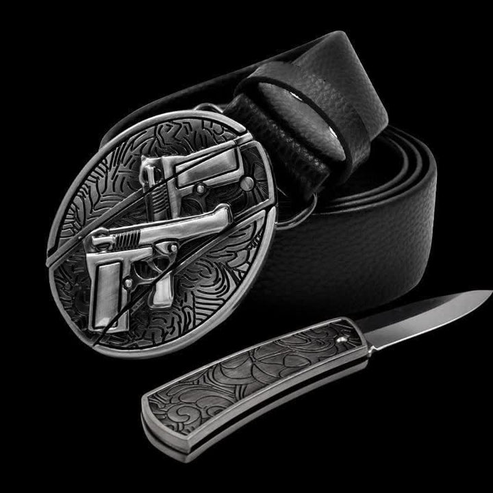 Cinturón de cuero con doble arma y navaja plegable para hombre