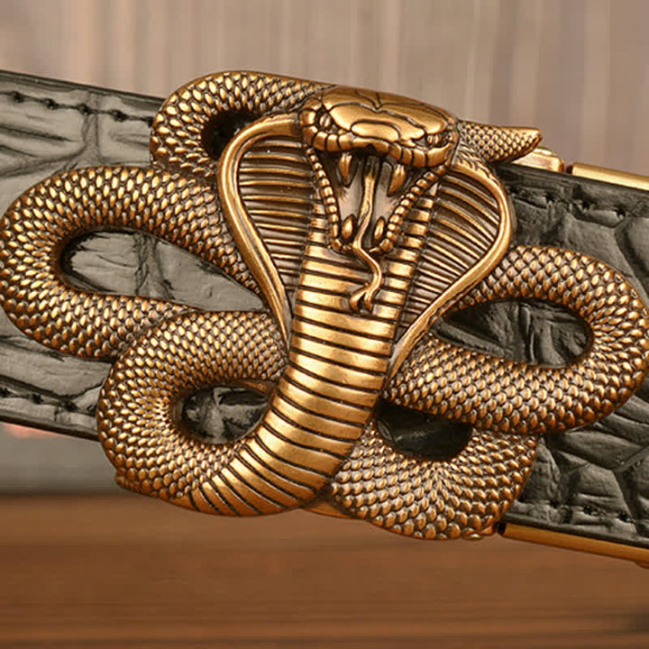 Cinturón de piel de cocodrilo con diseño de cobra rizada para hombre