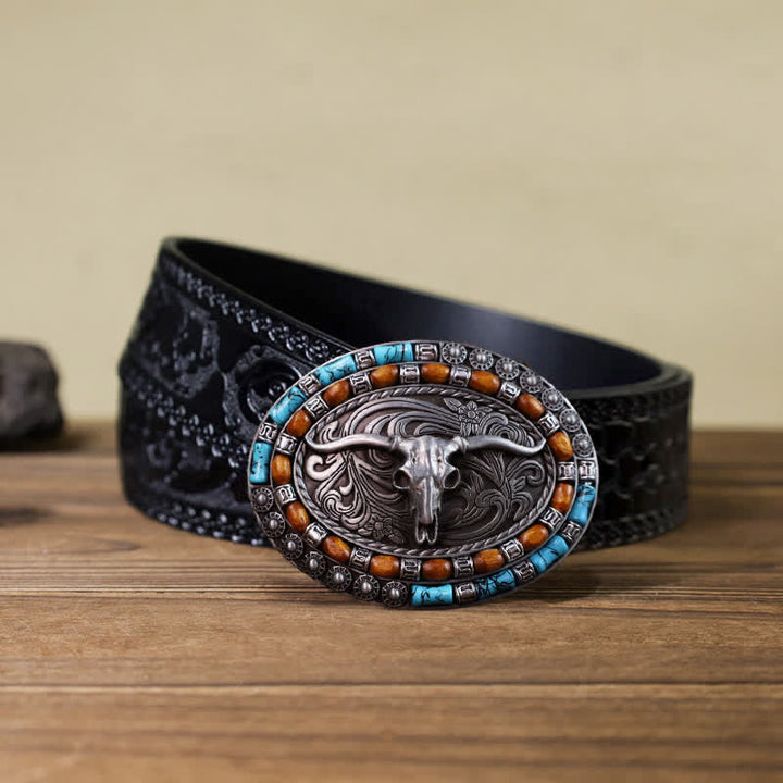 Cinturón de cuero con hebilla de toro y cuentas de madera turquesa para hombre hecho a mano