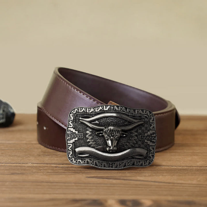 Cinturón de cuero con hebilla cuadrada de toro Longhorn para hombre, hecho a mano, en plata