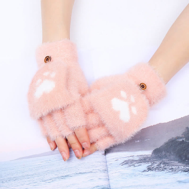 Guantes cálidos y ponjosos con estampado de pata de gato para mujer