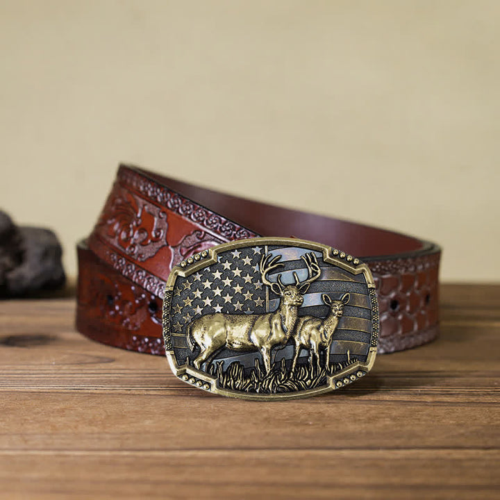 Cinturón de cuero con hebilla de bandera estadounidense para hombre, hecho a mano, con diseño de ciervos