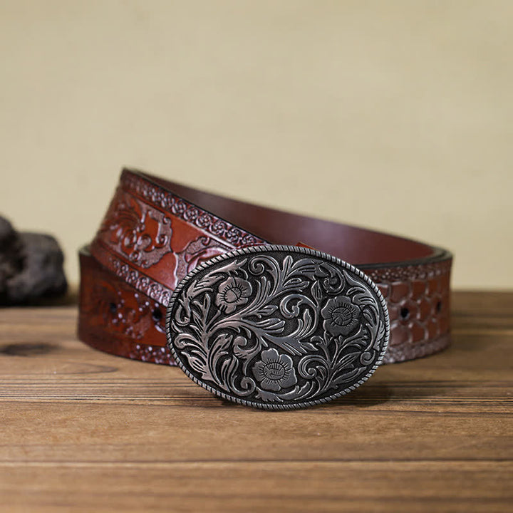 Cinturón de cuero con hebilla ovalada y diseño floral clásico para hombre hecho a mano