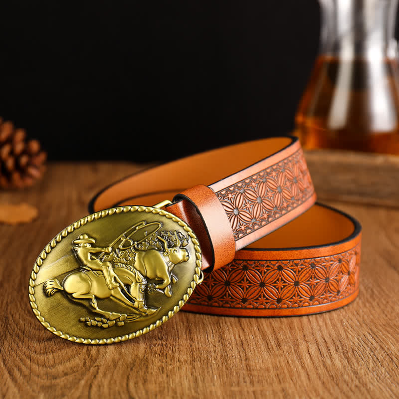 Cinturón de cuero con hebilla geométrica y diseño de caballo para hombre