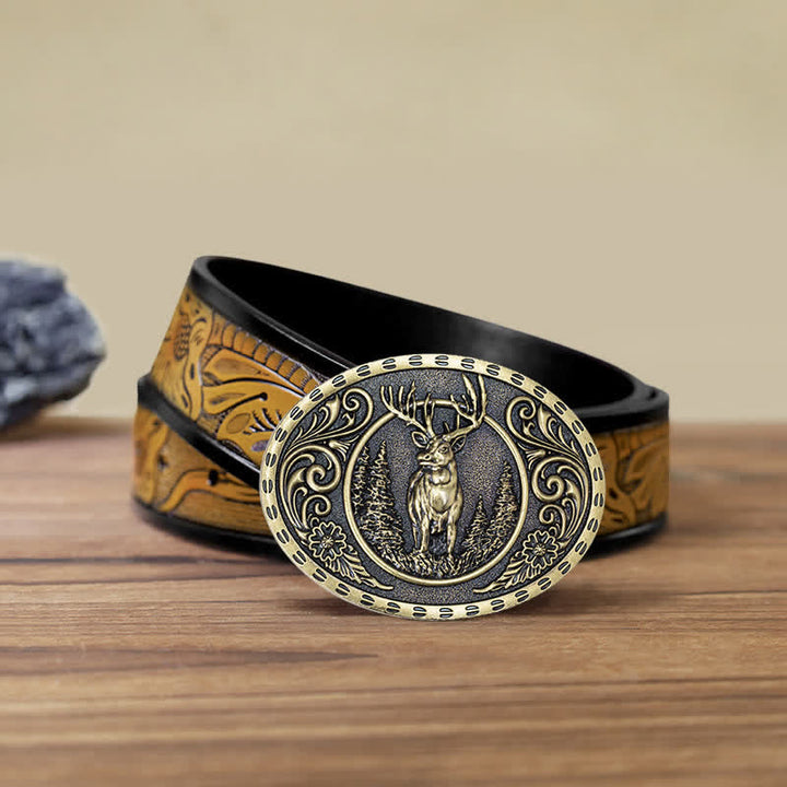 Cinturón de cuero con hebilla de bandera estadounidense para hombre, hecho a mano, con diseño de ciervos