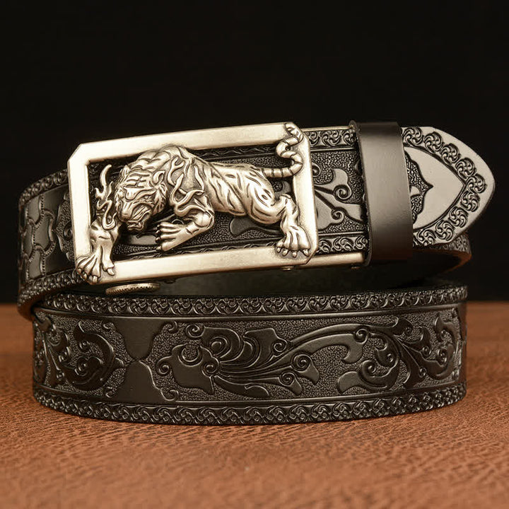 Cinturón de cuero con estampado floral y hebilla de tigre para hombre