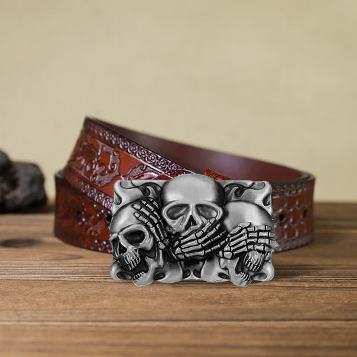 Cinturón de cuero con hebilla de calavera de risa horrible para hombre hecho a mano