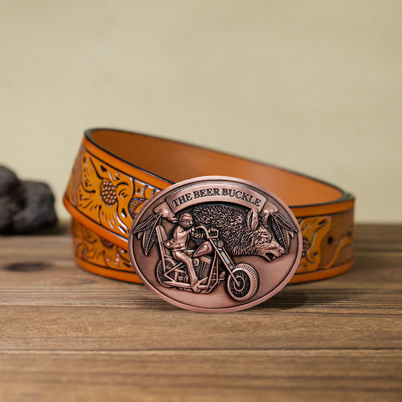 Cinturón de cuero con hebilla para hombre, hecho a mano, con diseño creativo de motocicleta