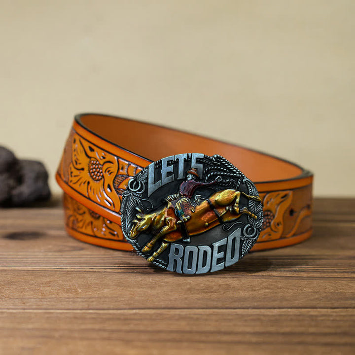 Cinturón de cuero con hebilla de toro esmaltado Let's Rodeo para hombre hecho a mano