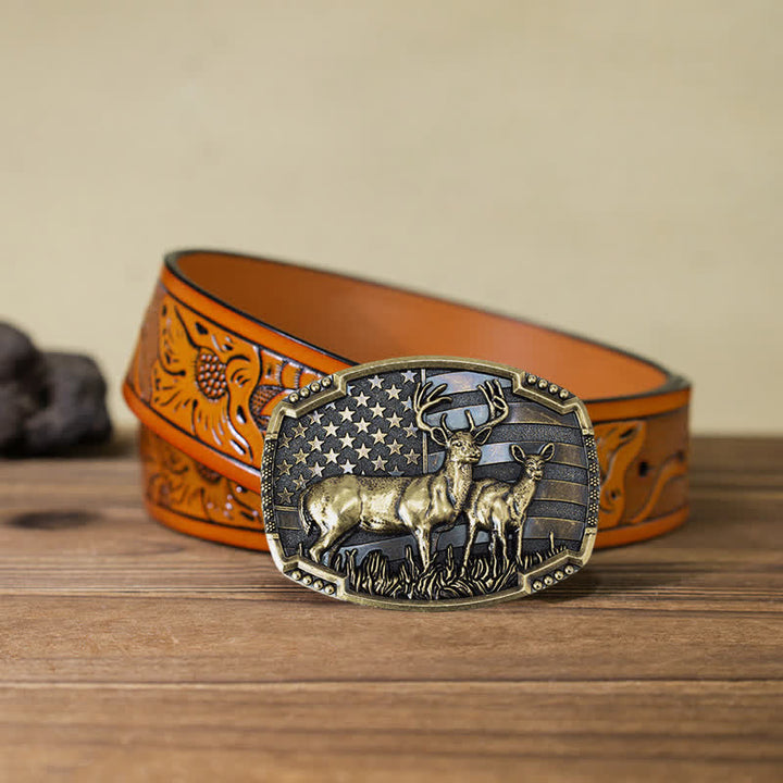 Cinturón de cuero con hebilla de bandera estadounidense para hombre, hecho a mano, con diseño de ciervos