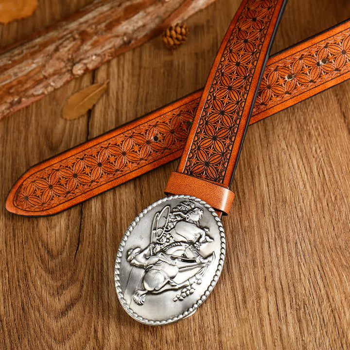 Cinturón de cuero con hebilla geométrica y diseño de caballo para hombre