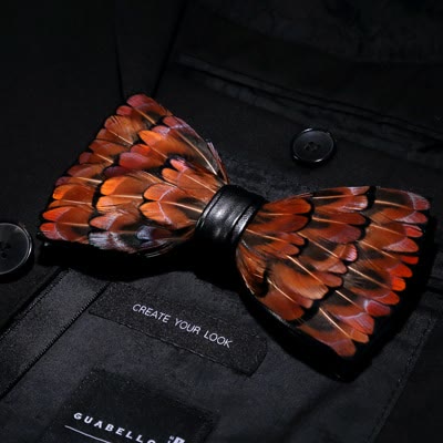 Pajarita de plumas con ribete marrón y negro para niños y broche de solapa