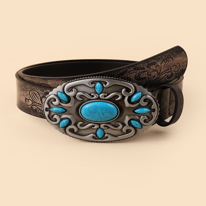 Cinturón de cuero con hebilla ovalada y decoración turquesa para mujer