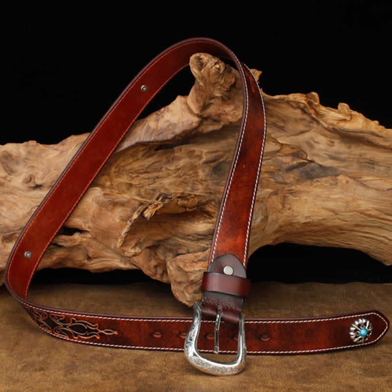 Cinturón unisex de cuero con flor turquesa marrón retro