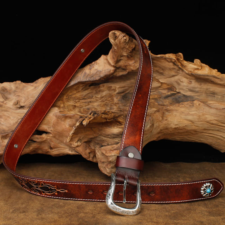 Cinturón unisex de cuero con flor turquesa marrón retro