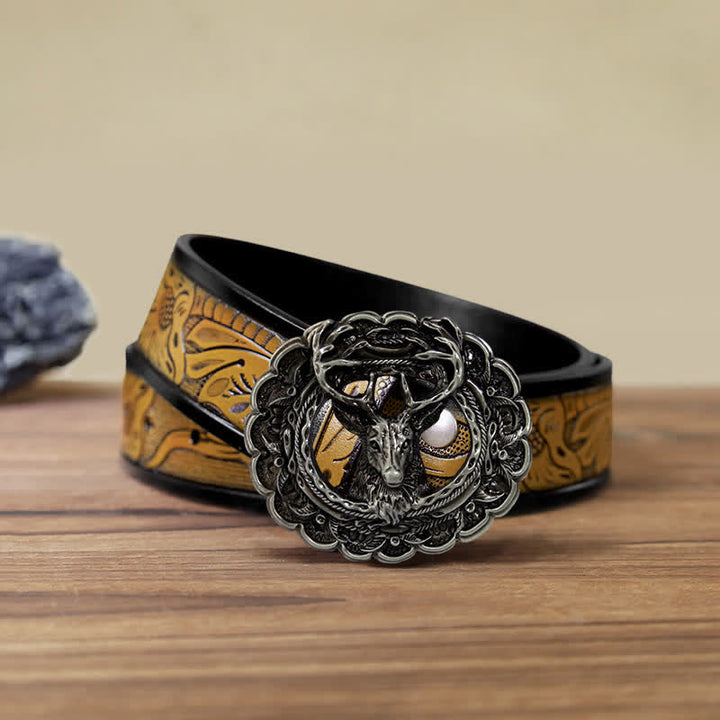 Cinturón de cuero con hebilla de cuerno de alce 3D hueco para hombre hecho a mano