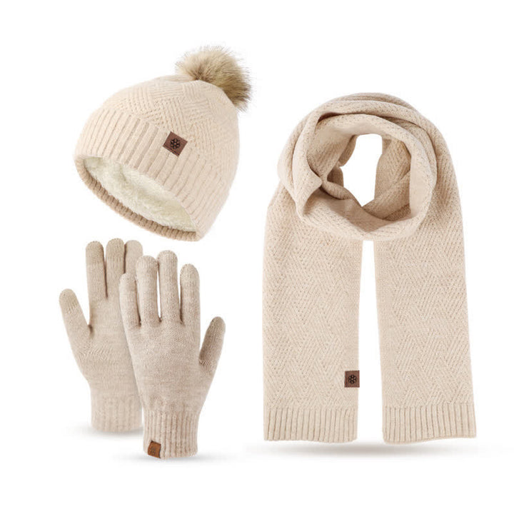 Conjunto de 3 guantes con pantalla táctil y bufanda con pompón tejido para mujer